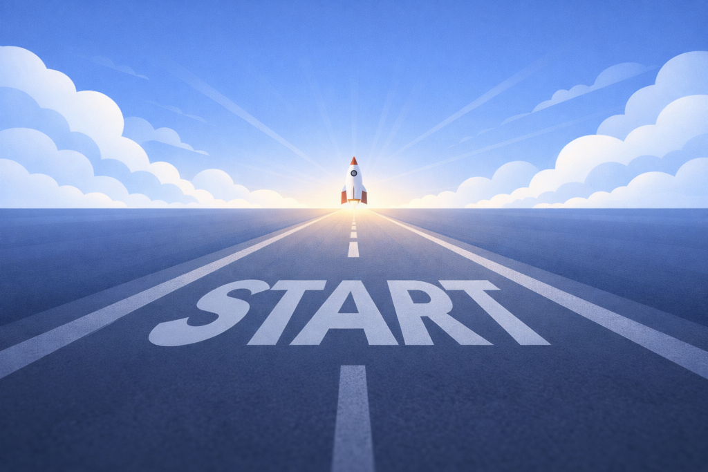 Rocket launching from a “Start” runway symbolising the kickoff of StarkyApp development